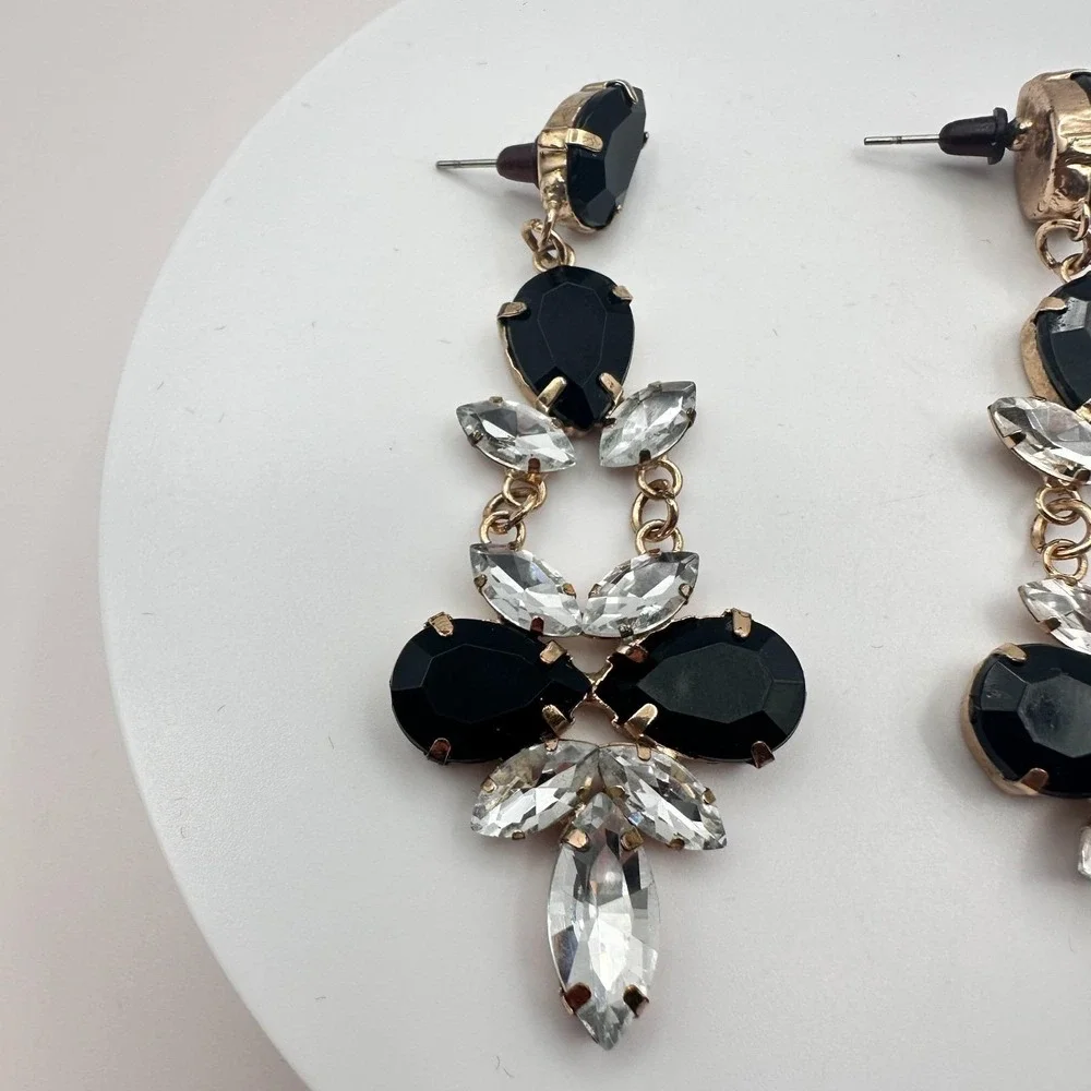 Vintage 90s Gold Tone Dangle Earrings Black &Clear Glass Women's Fashion Jewelry